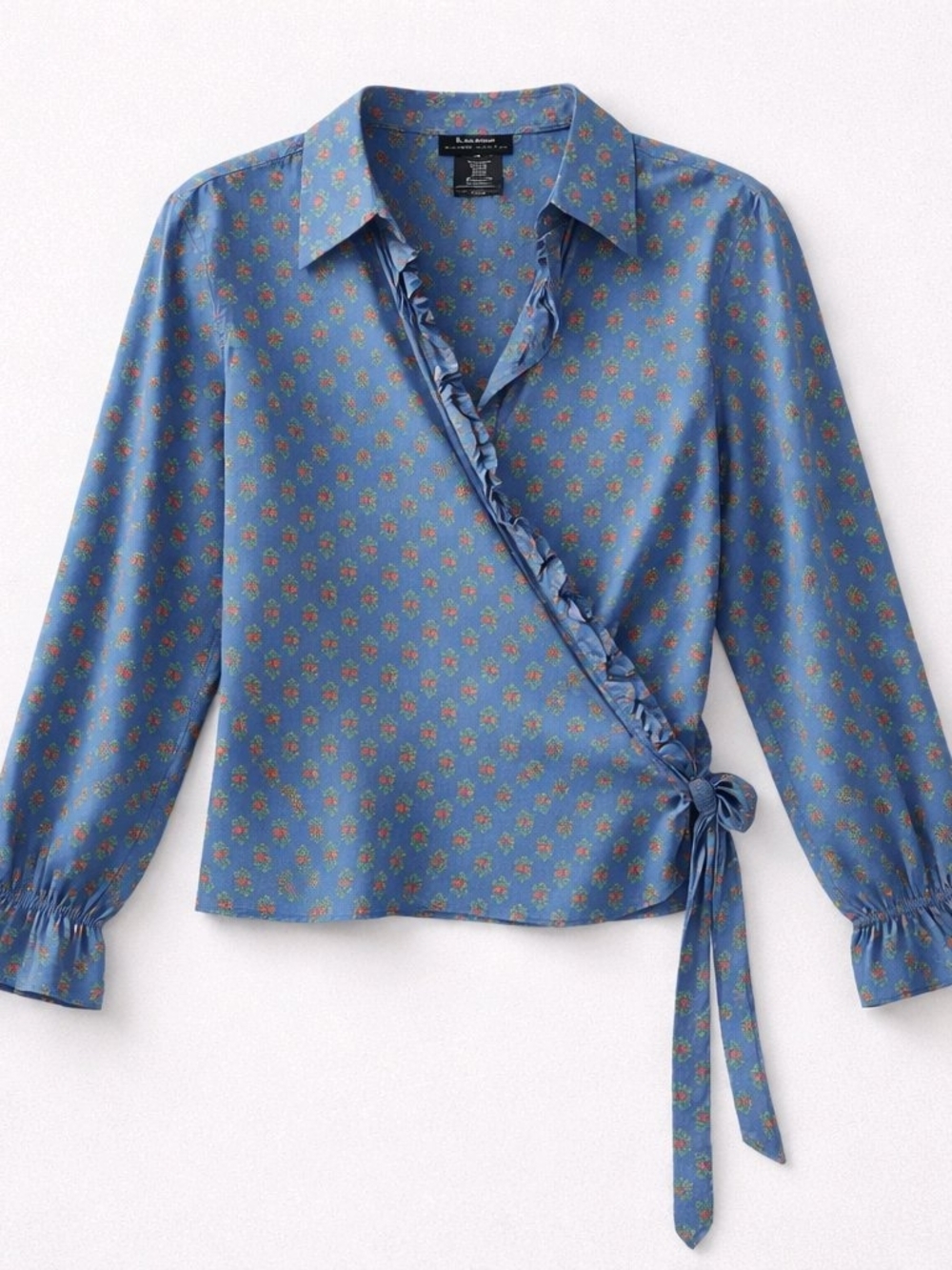 Lauren Ralph Lauren Blue Floral Ruffle Wrap Blouse- 100% Cotton -Medium